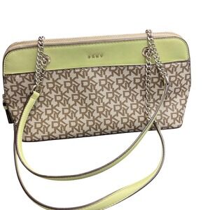 DKNY Shoulder Bag Chain 2 tone Green Monogram Zip Closure Faux Leather Pre Owned
